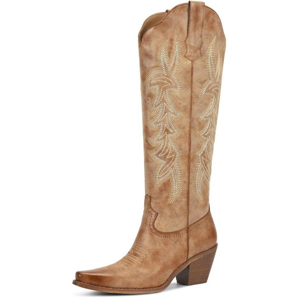 Women's Brown Western Ladies Cowgirl Boots Knee High Comfortable Embroidery
